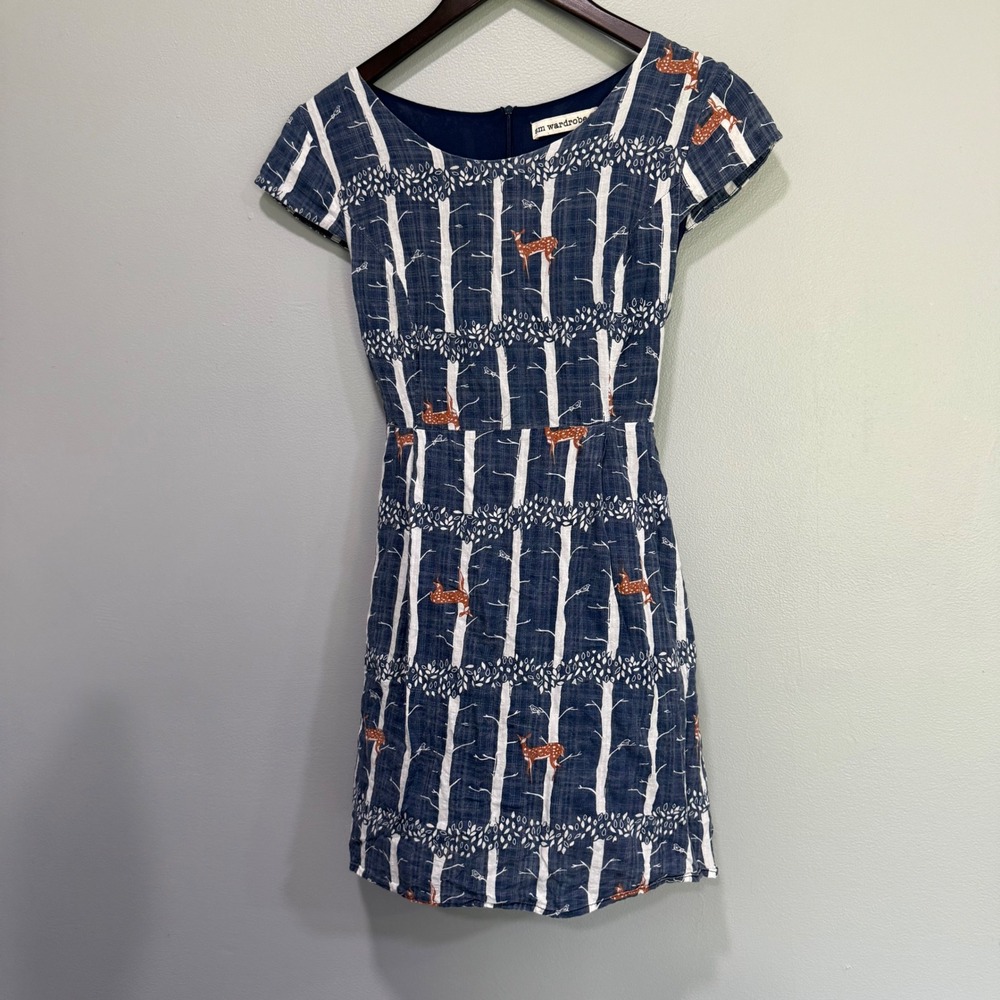 SM Wardrobe Blue Deer Birch Tree Woodland Print Fit Flare Dress Womens Medium